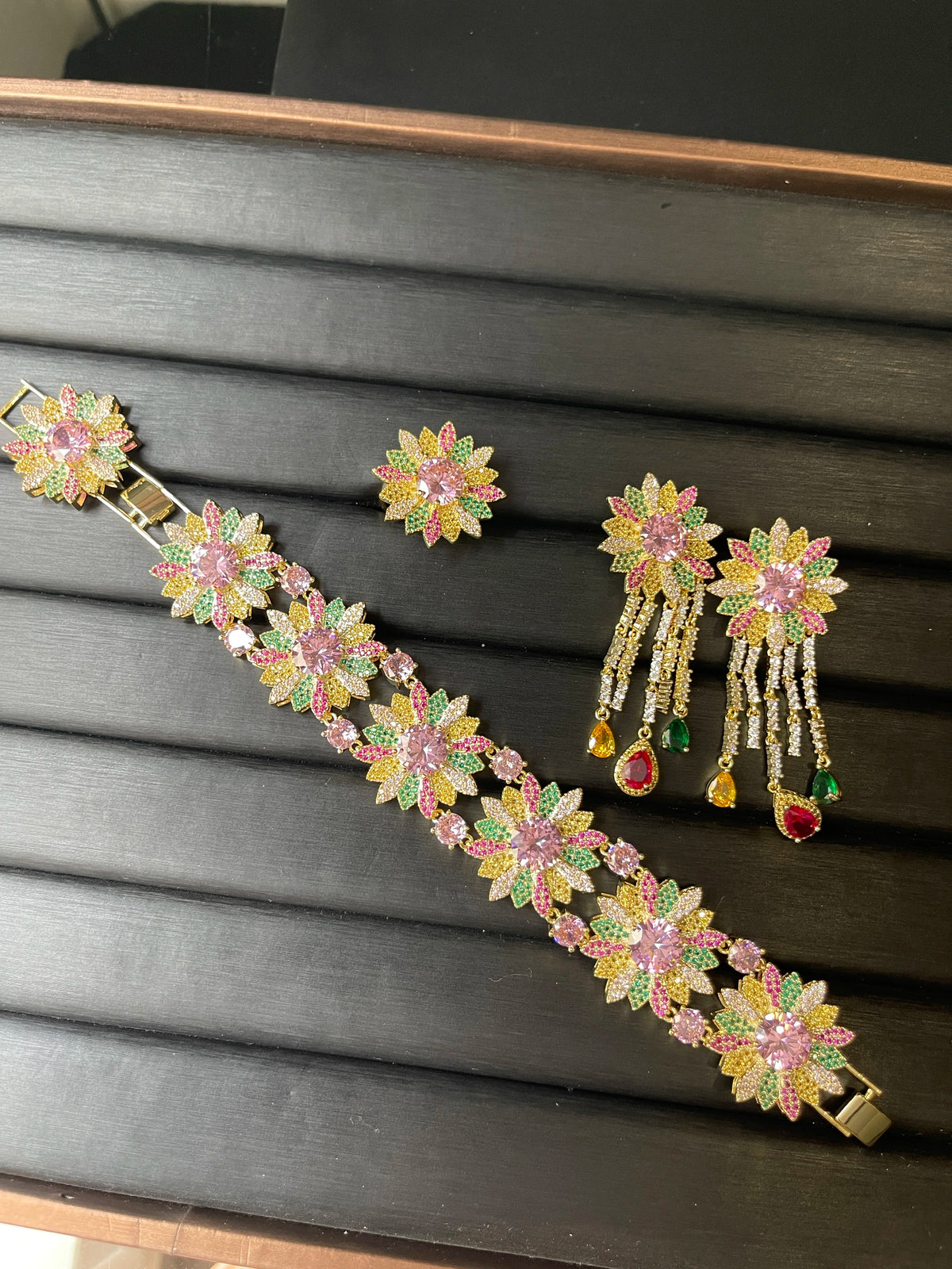 Gemfiori TIANSHE Colorful Zircon Sunflower Earrings Bracelet Ring Women's Luxury Jewelry 3pcs Set for Banquet Accessories