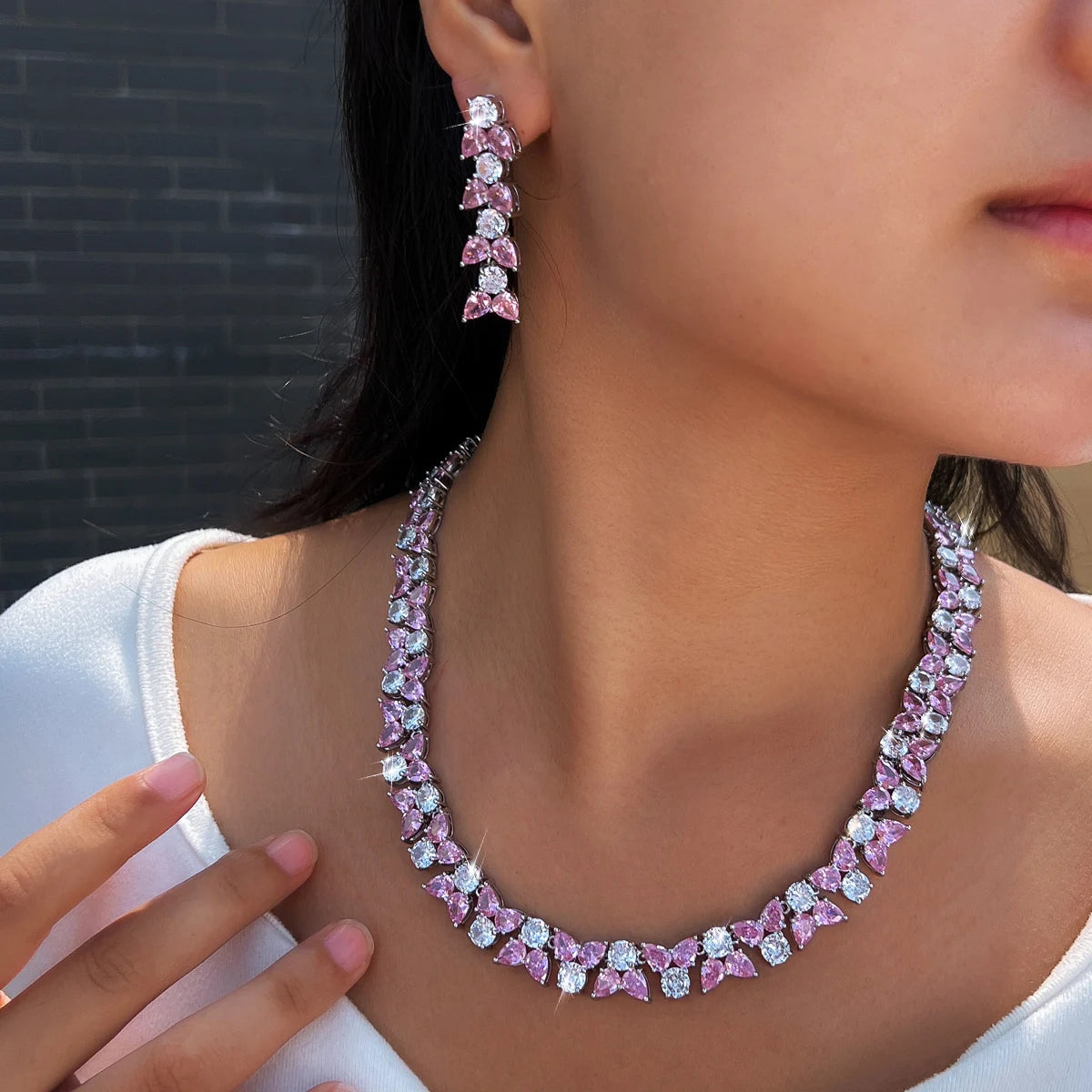 Exquisite Jewelry Set Rhodium Plated Pink White CZ Zircon Necklace Earrings Jewelry Set for Brides Women Unique Designer Party