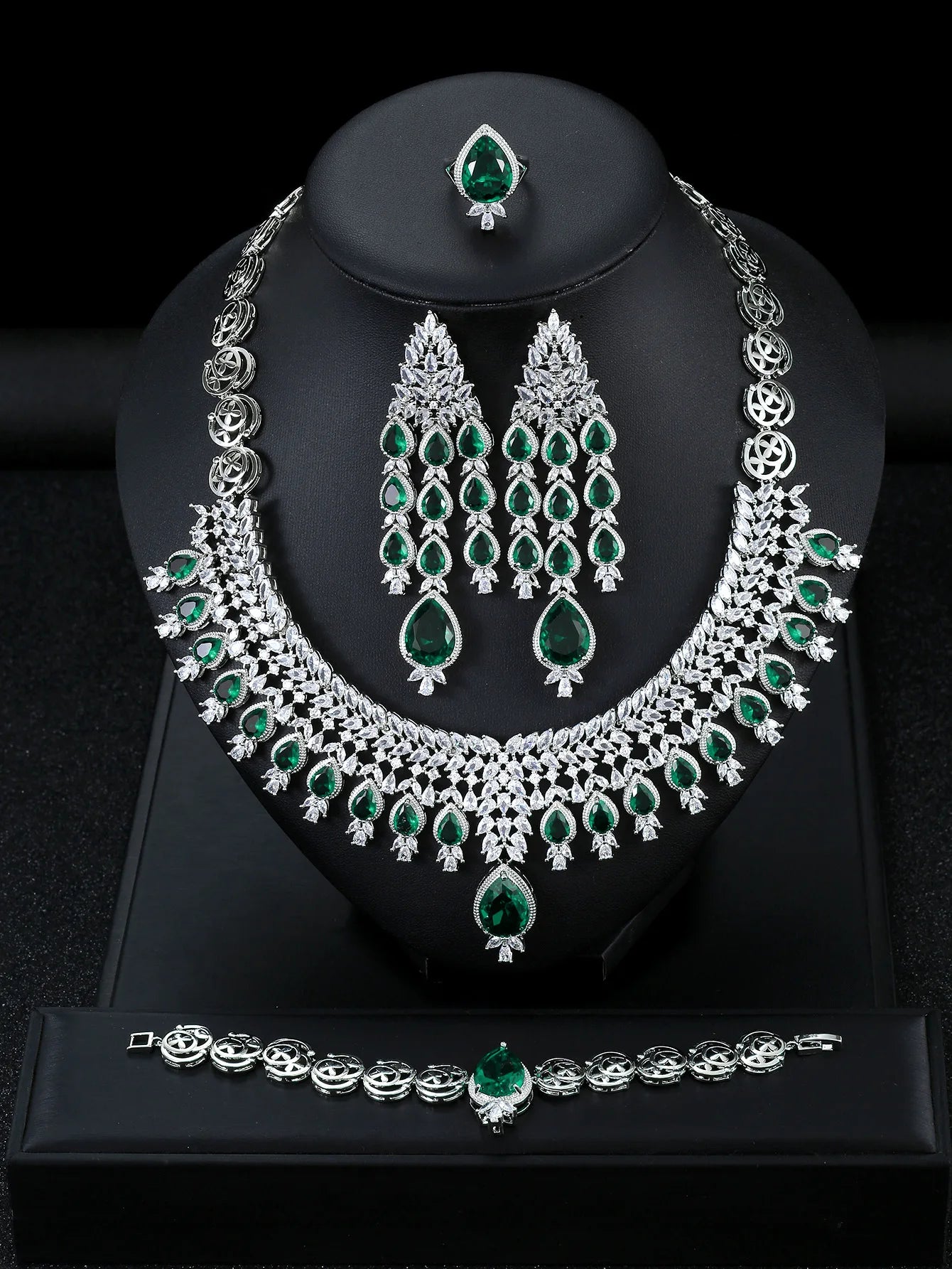 Luxury Dubai Pear-Cut Zirconia Big Tassel Bridal Jewellery Set — Necklace, Earrings, Ring & Bracelet