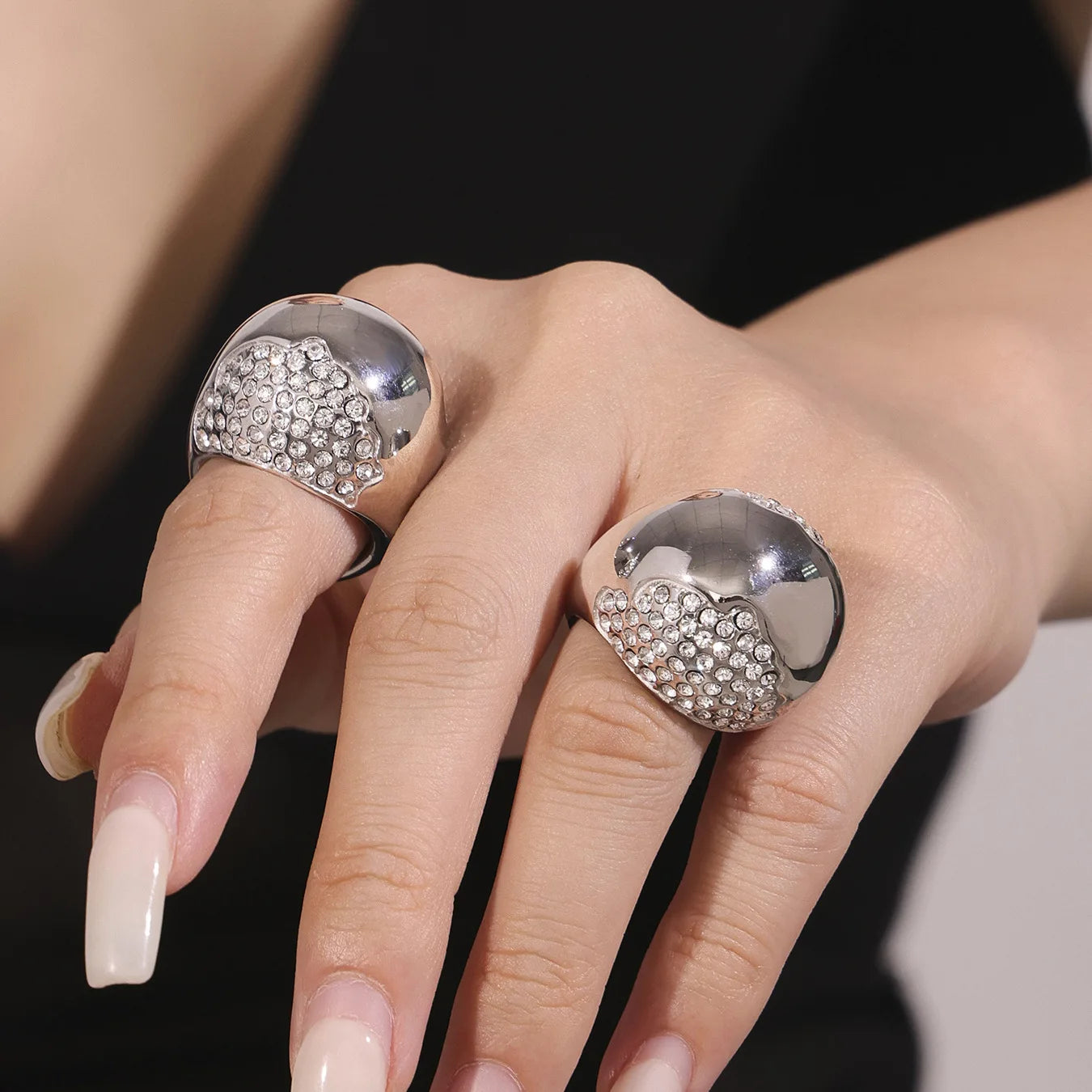 Hollow Semi-Circle Zircon Necklace, Stud Earrings & Ring | Light Luxury Geometric Stainless Steel Set