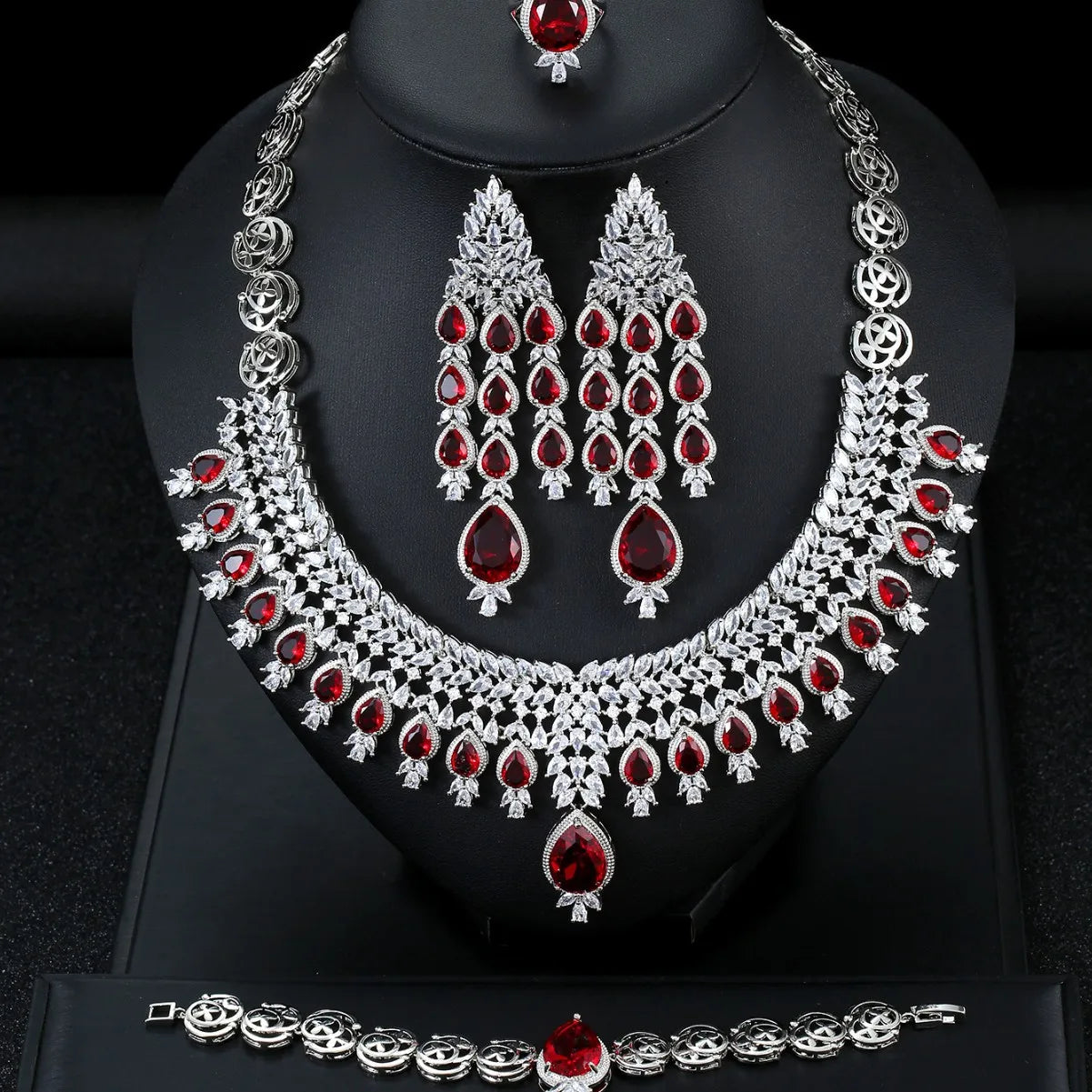 Luxury Dubai Pear-Cut Zirconia Big Tassel Bridal Jewellery Set — Necklace, Earrings, Ring & Bracelet