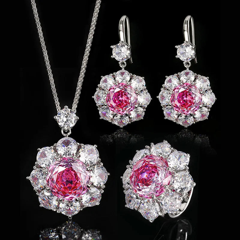 Fashion Eco-friendly Copper Wedding Jewellery Set Bridal 14-1mm Pink Red Zircon Round Pendant Bridal Matching Jewelry Set