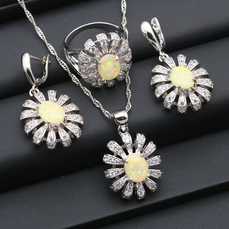 XOTICA Silver Jewelry for Women White Opal Earrings Pendant Necklace Ring Set for Wedding Party Engagement-Christmas Gift