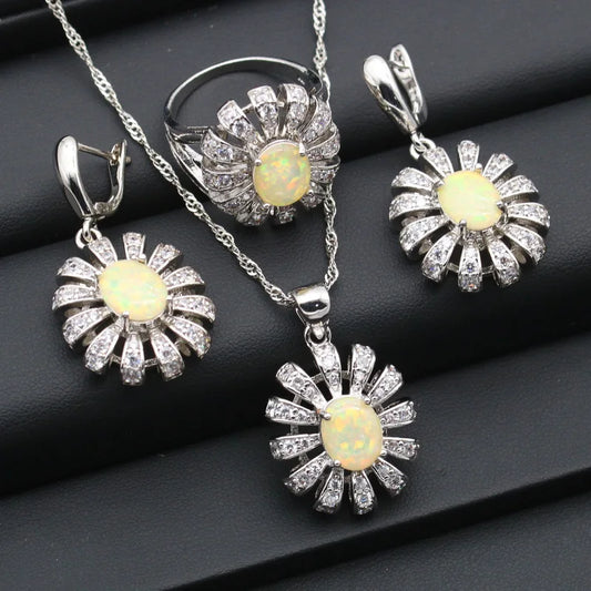 Wholesale Silver Jewelry for Women White Opal Earrings Pendant Necklace Ring Set for Wedding Party Engagement-Christmas Gift