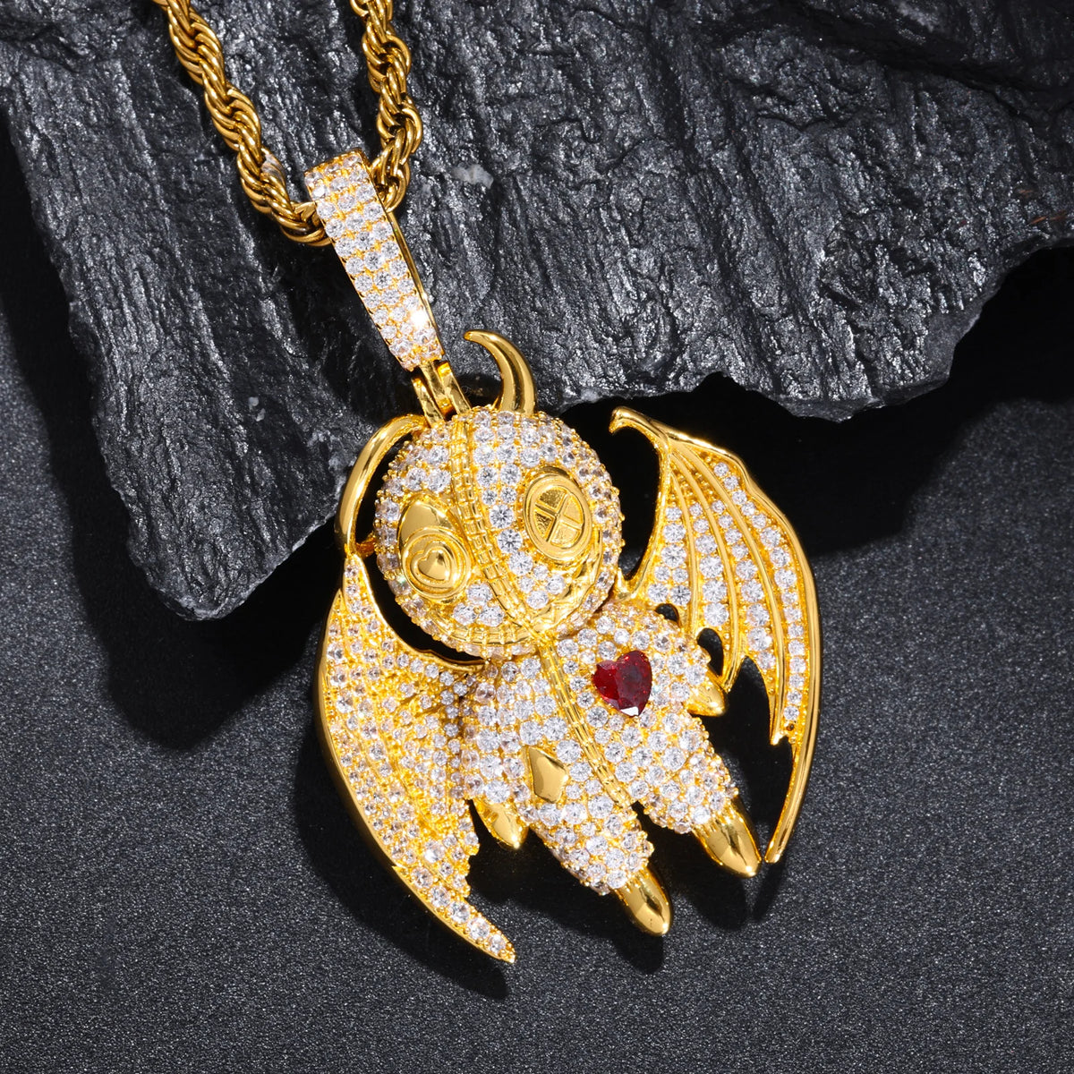 Punk Style Hip Hop Jewelry Gold Plated Brass AAAAA CZ Diamond Iced Out Kindness and Evil Demon Pendant Fashion Mens Necklace