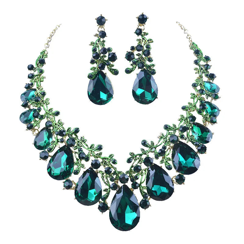 Luxurious Crystal Statement Necklace and Earrings Set Wholesale Teardrop Rhinestone Bridal Wedding Jewelry Set for Prom Party