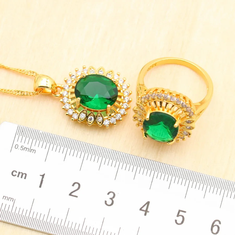 XOTICA 18K Gold Plated Alloy Emerald Jewelry Set for Women Wedding Engagement Anniversary Party Necklace Earrings Bracelet Ring Gift