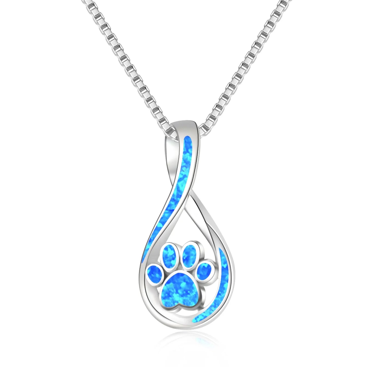 Eternal Pet Paw Opal Pendant Necklace-Blue Fire Opal Infinity Claw Print Design | Copper Silver Plated Pet Memorial Bulk Gift