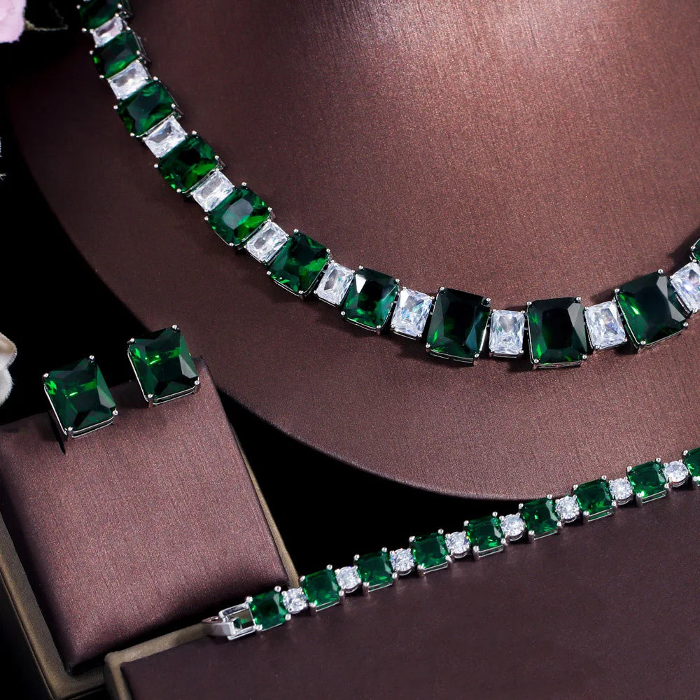 4pcs Square Cubic Zirconia Dark Green African Bride Jewelry Sets Necklace Earrings for Women Luxury Evening Party Costume