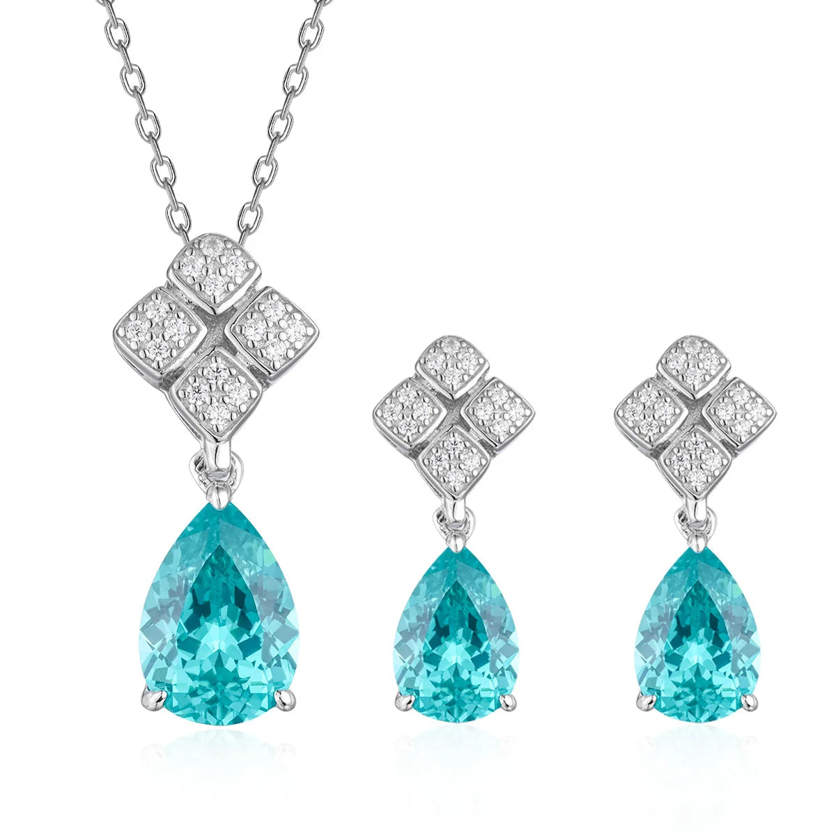 7x10mm Pear Neon Blue Lab Grown Gemstone Jewelry Parure Rhodium Plated 925 Sterling Silver Paraiba Set Anniversary Gift for Her