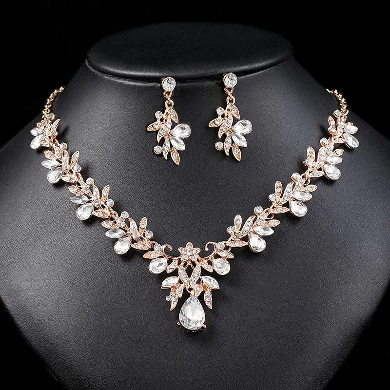 XM S391 Gold Plated Marquise Zircon Rhinestone Floral Necklace & Earrings Bridal Set