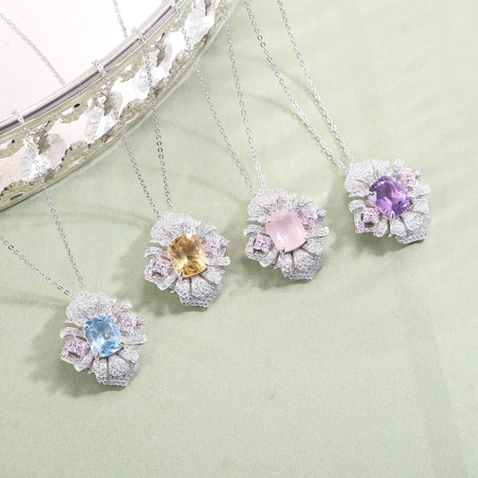 ArtistA Flower Cushion Vintage Cubic Zirconia Pendant Necklace in 925 Sterling Silver