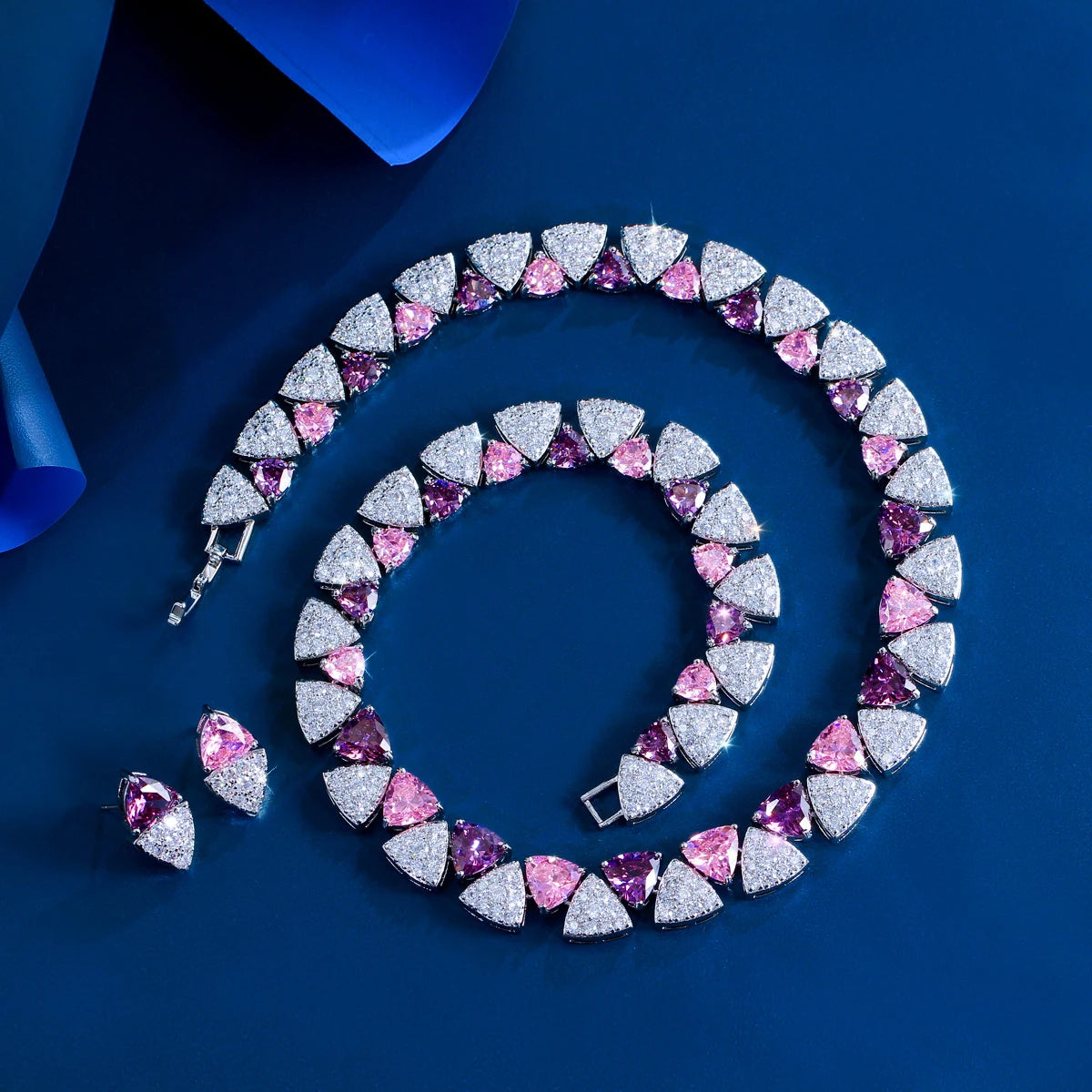 Geometric White Pink Purple Triangle Cubic Zircon Wedding Necklace Earrings 2Pcs Jewelry Set for Women Evening Party Accessory
