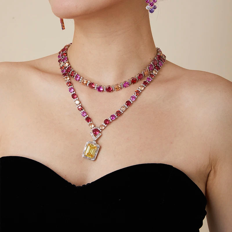 Rainbow High-End Jewelry Dubai Set Exaggerated India Zircon Double-Layer Necklace Long Earrings Trendy Women's Gifts Engagements