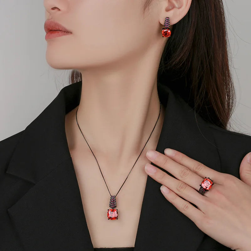 Gemfiori Fashionable Luxury Inlaid Orange Red Cubic Sugar Zircon Pendant Earrings Ring High-end Texture Set