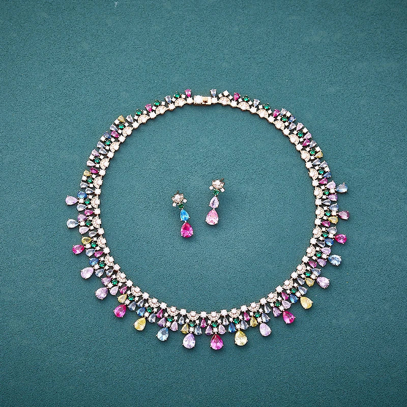 Retro Luxury Women's Fashionable rainbow Jewelry Necklace Earring Set Brass Cubic Zirconia Luxury Dinner Pairing