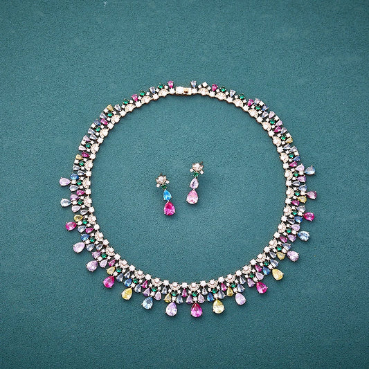 Retro Luxury Women's Fashionable rainbow Jewelry Necklace Earring Set Brass Cubic Zirconia Luxury Dinner Pairing