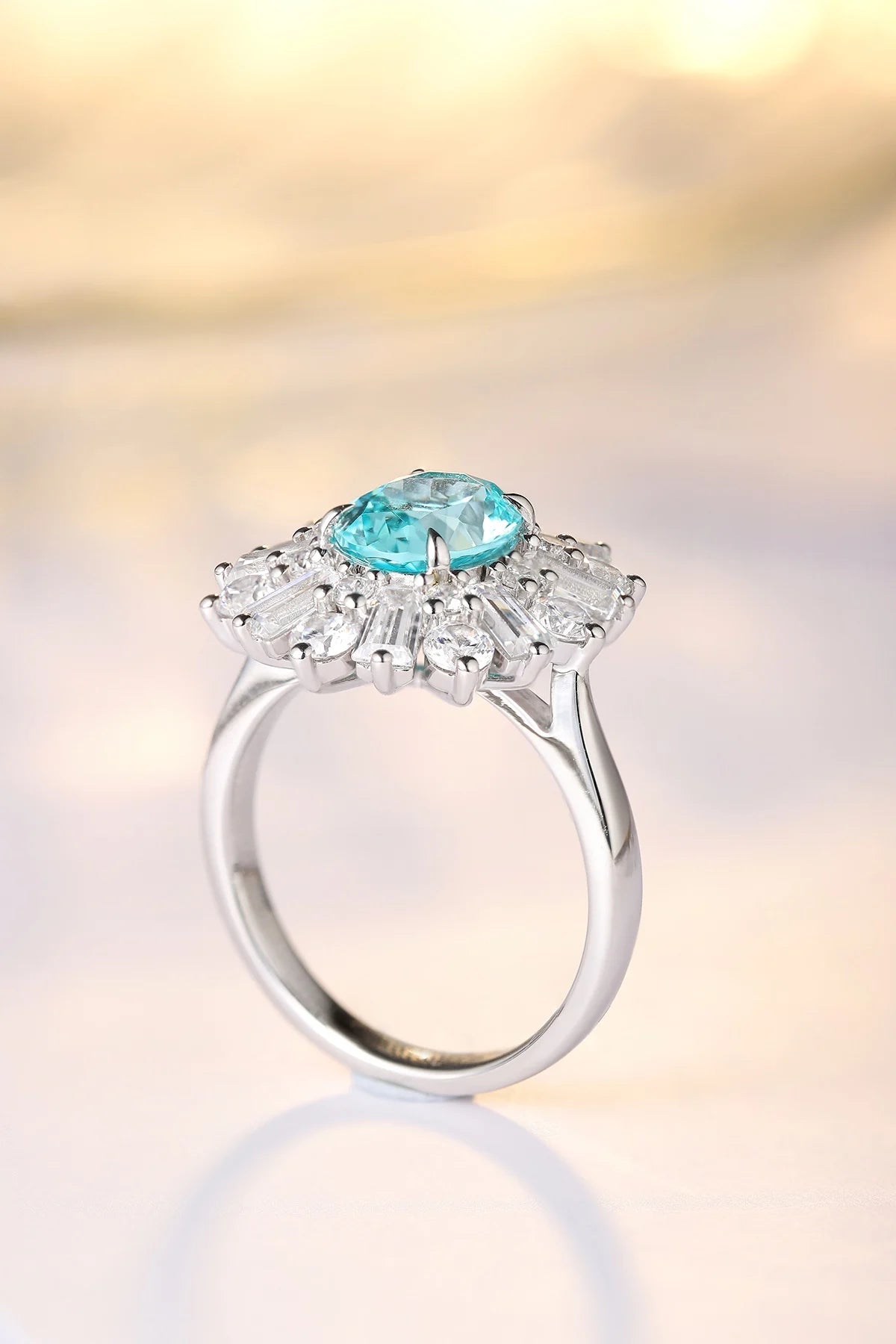 Gemfiori S925 Silver Cultured Paraiba Ring Main Stone: 3.06CT Side Stones: 3.981CT Total Weight: 5.4g