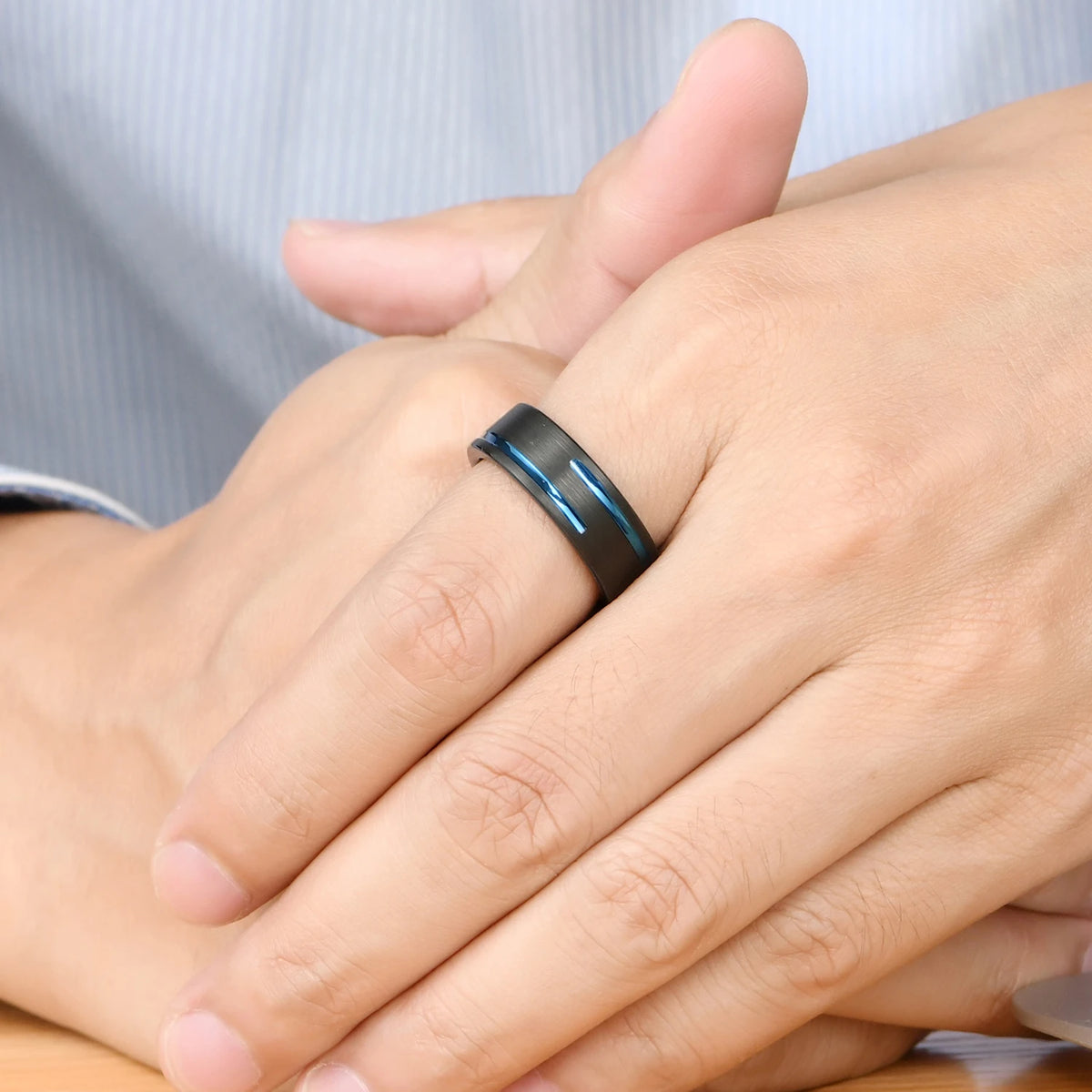 REBEL 8mm Blue Black Tungsten Carbide Classic Comfort Fit Ring | Unisex Wedding Band