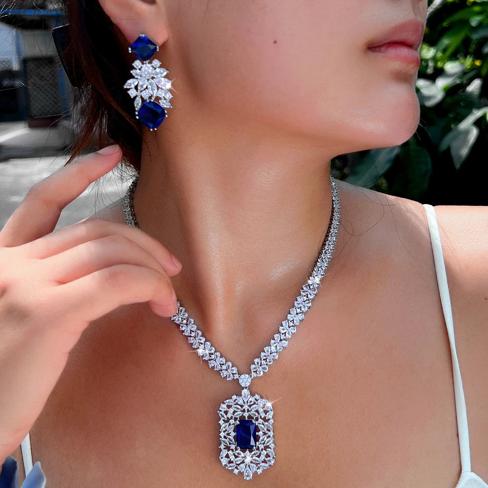 White Gold Color Blue Shiny Cubic Zircon Stone Indian Women Luxury Wedding Necklace and Earrings Costume Jewelry Set for Brides