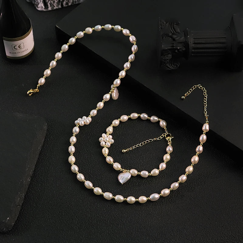 GLSEEVO Natural Freshwater Pearl Heart Flower Jewelry Set for Wedding Bridal White Pearl Necklace Bracelet Set Fashion Jewelry