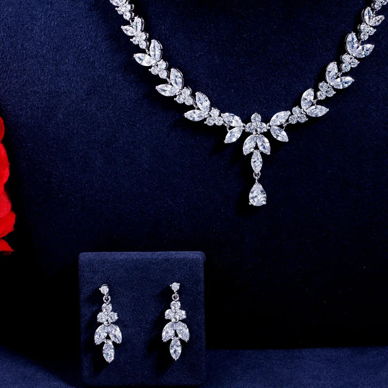 S&S CZ Leaf Bridal Jewellery Set – Dangling Earrings & Necklace – Collection
