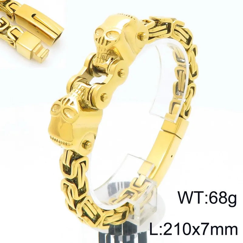 REBEL Punk Fine Jewelry Fashion Bracelets Stainless Steel Skull Byzantine Links Bracelet