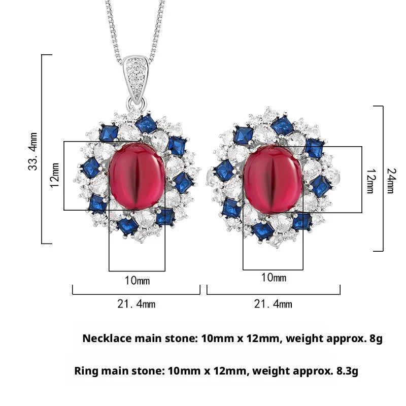 Eco-friendly Copper Vintage Jewelry Set Pigeon Blood Red Cubic Zirconia Iced Out Oval Cut Earrings Necklace for Women Party Gift
