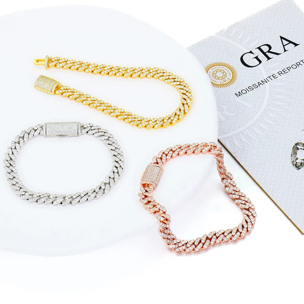 Gemfiori Mens Cuban Link Chain Bracelet 6mm Width S925 Silver Plated White /Yellow /Rose Gold Plated, Iced Out with Moissanite Stone EV