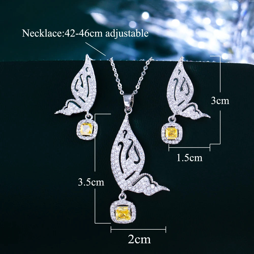 White Gold Color Animal Lovely Big Butterfly Shape Fashion Earrings and Necklace Cubic Zircon Pendant Jewelry Set for Women