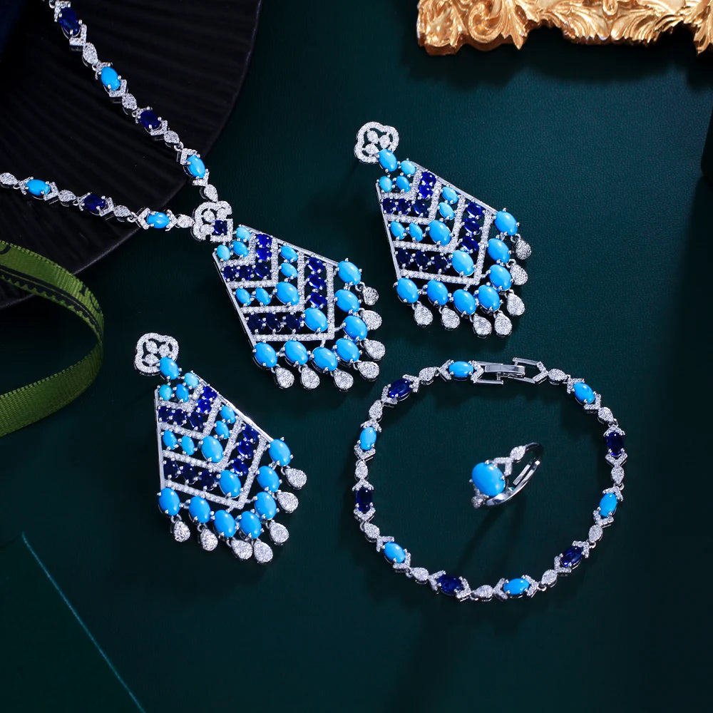 4pcs Middle East Style Zircon Long Blue Turquoise Necklace Earrings Bridal Jewelry Set for Women Wedding Party Dress Accessories