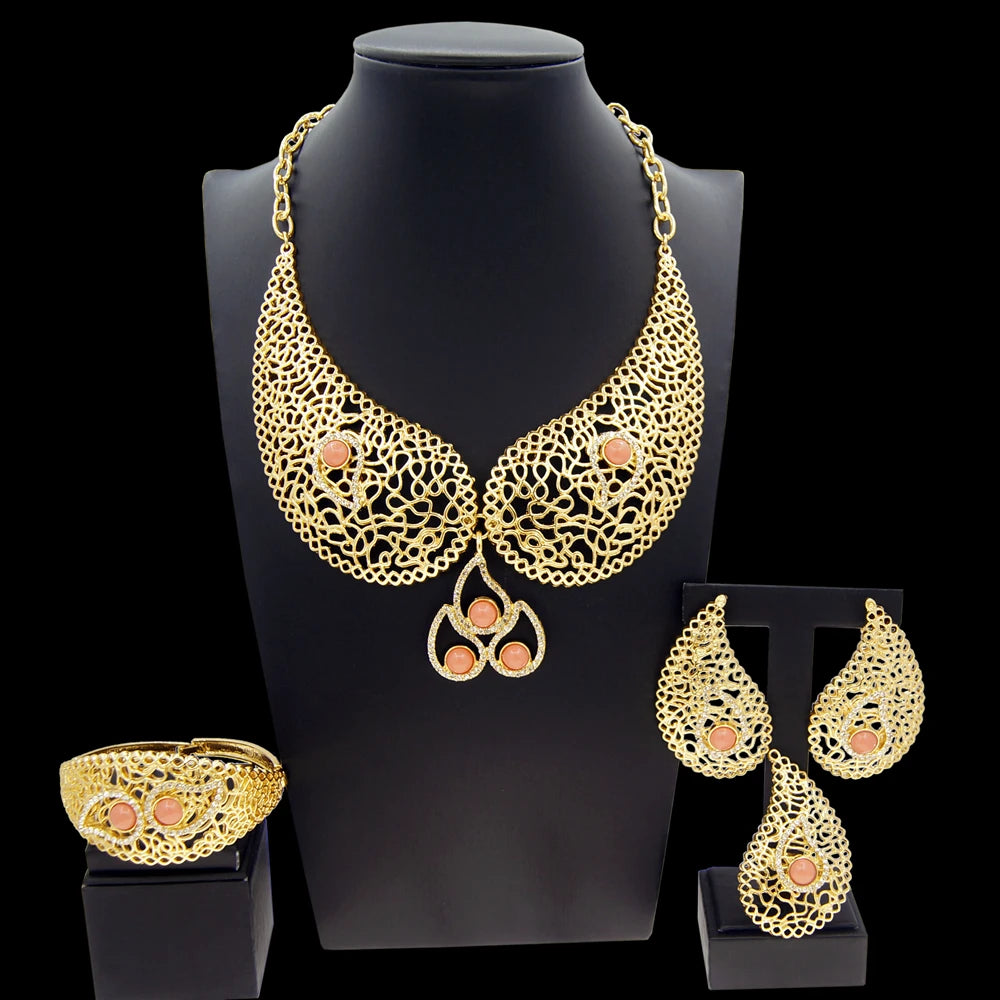 Zhuerrui Exquisite High End Collar Italian Gold Designer Jewelry Sets Music Symbol Pendant Bracelet Earring Ring Jewelry H00550