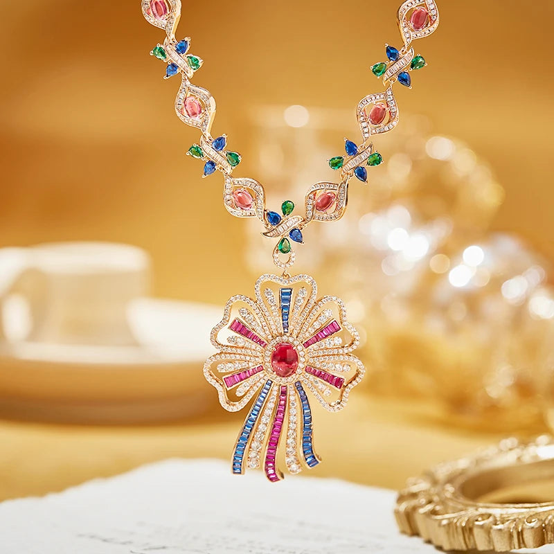 Retro Gorgeous High Quality Electroplated Two-Piece Set Colorful Ribbon Necklace Earrings Perfect Anniversary Fashion Jewelry