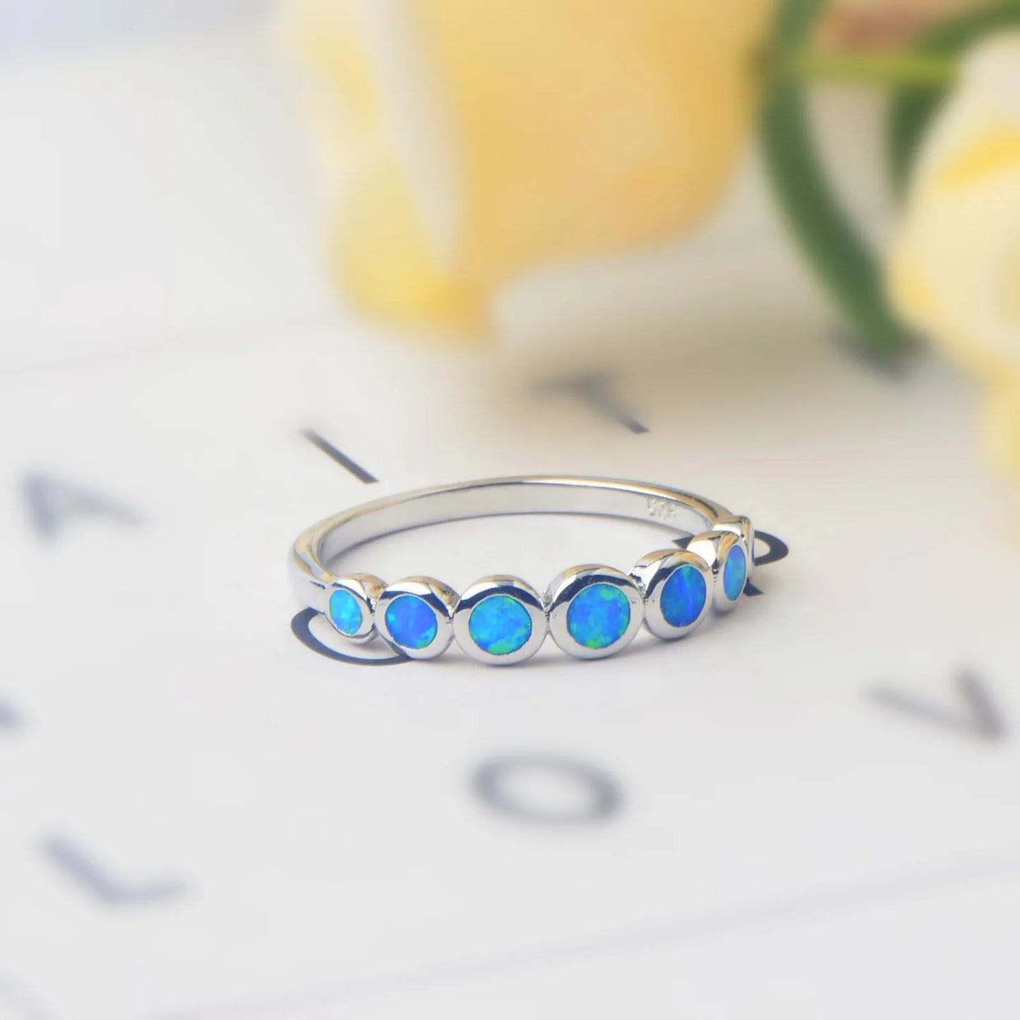 Gradient Round Blue Opal Stackable Ring | Iridescent Gem Inlay  Band | Minimalist Layered Jewelry for Women Trendy Style