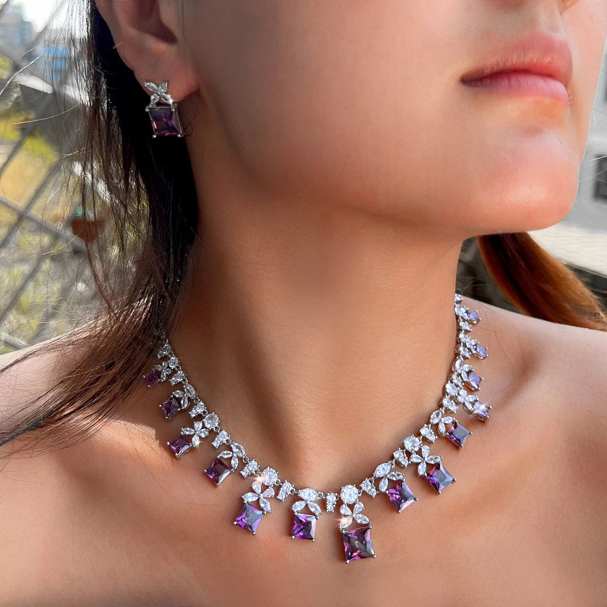 Wholesale Luxurious Designs Square Cubic Zircon Bridal Purple Jewelry Set for Women Anniversary Wedding Party Dress Accessories