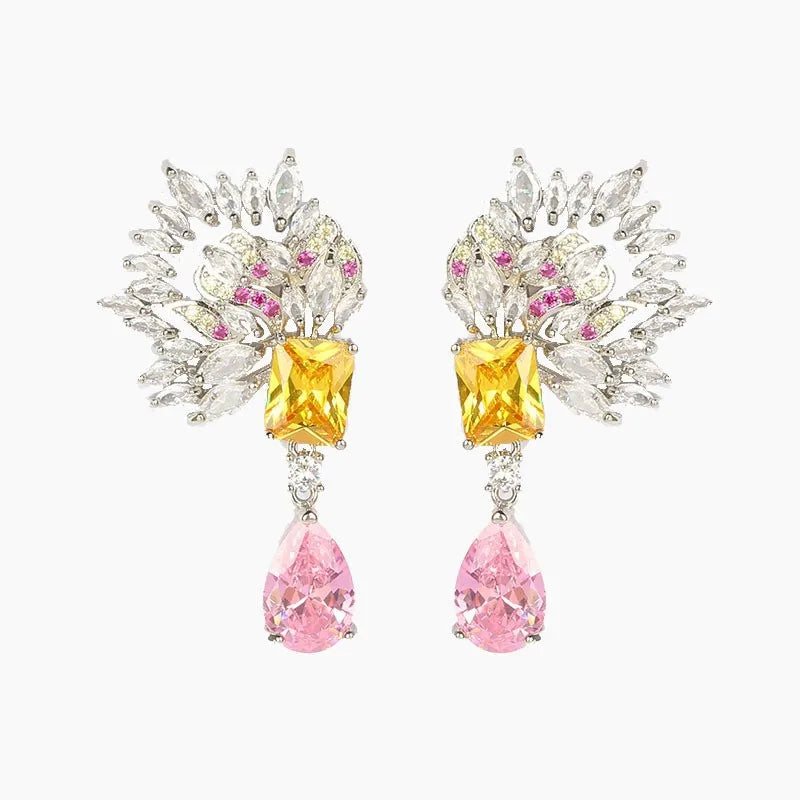 Luxury Flower Zirconia Choker Necklace & Earrings Set — Purple & Yellow