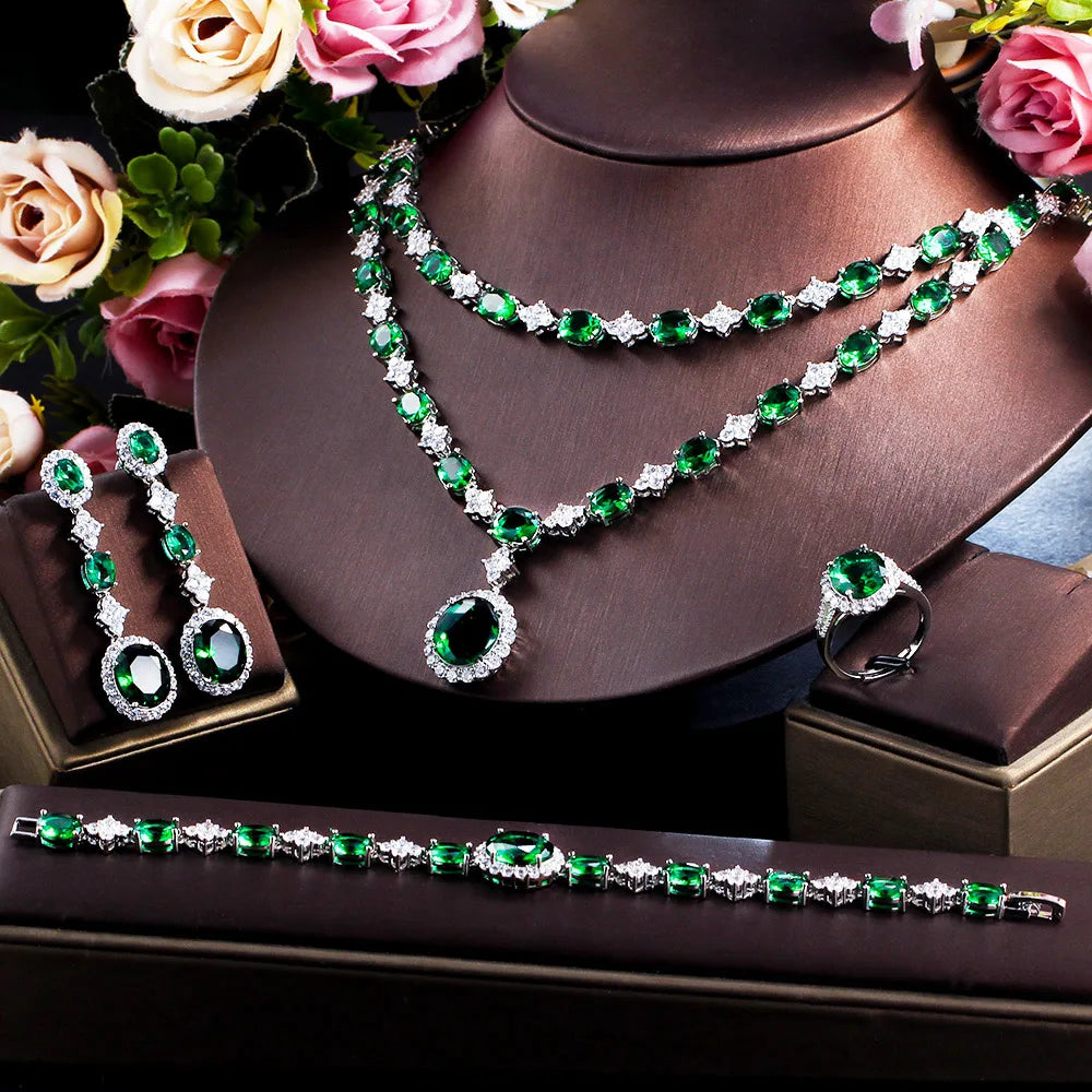 4pcs Luxury African Green Cubic Zirconia Stone Multi Layered Big Necklace Earrings Party Costume Jewelry Set for Wedding Brides