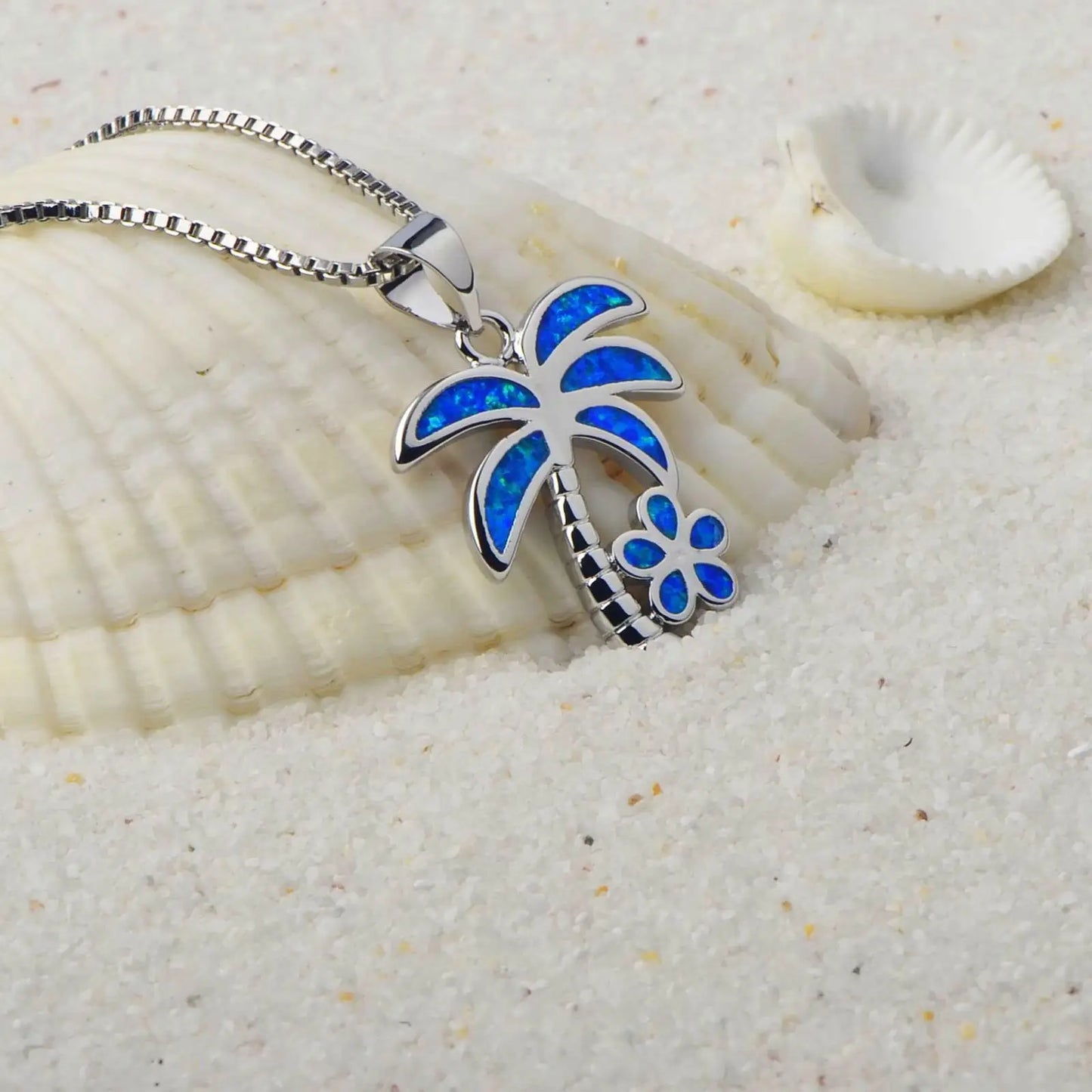 Aobao Wholesale Blue Copper Christian Link Chain Coconut Tree Flower Necklace Pendant Jewelry Inlaid with Opal