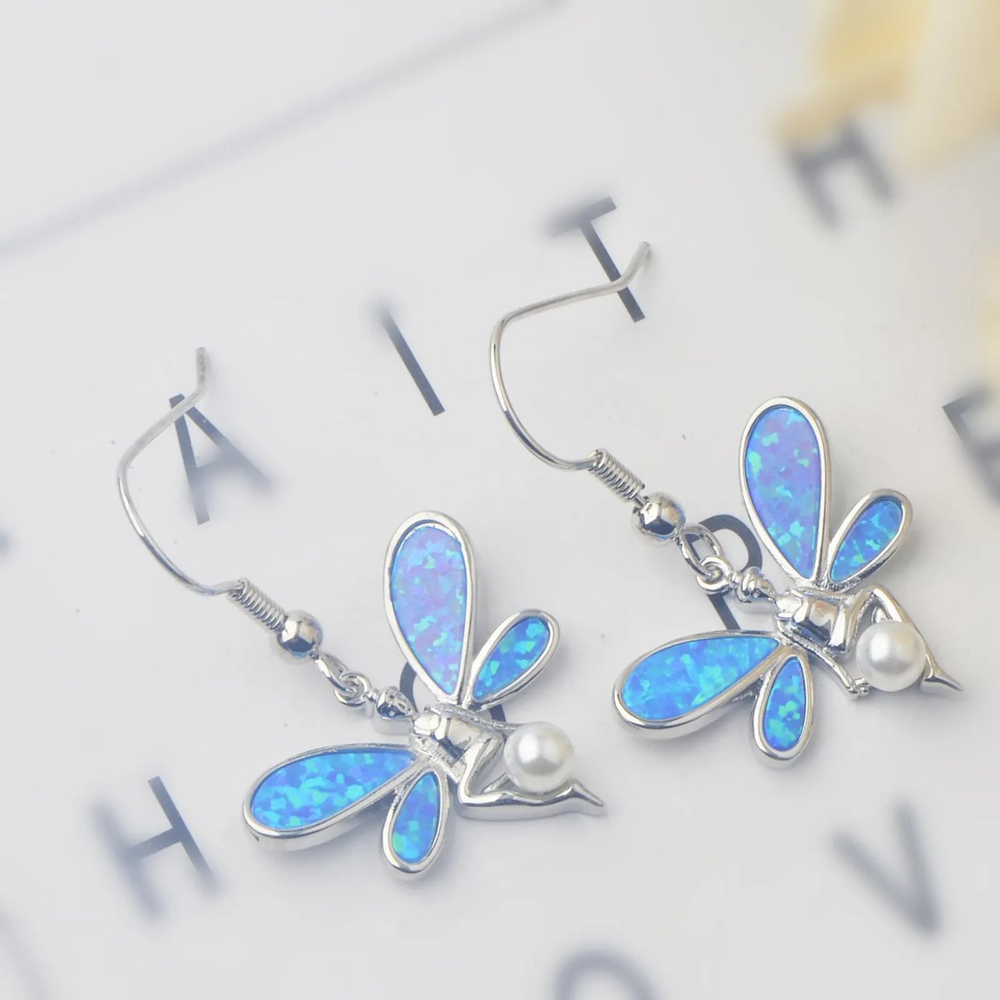 Enchanted Fairy Opal Drop Earrings - Blue Fire Opal Wings & Pearl Accent Design | Whimsical Daily Jewelry Bulk Gifts