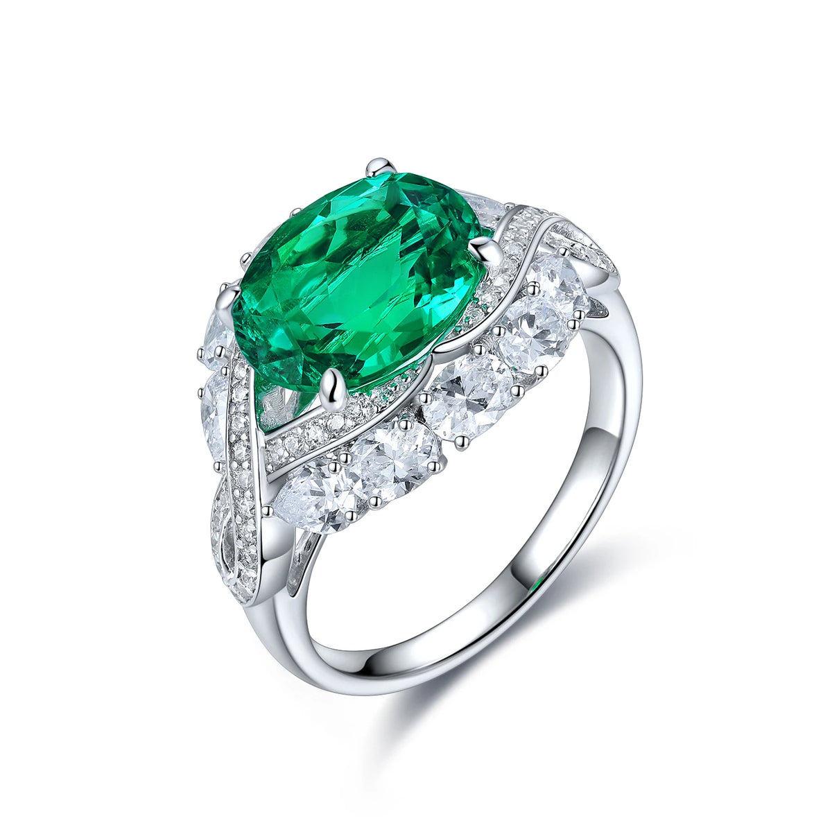 Gemfiori Hot Selling Lab Grown Emerald Gemstone Hydrothermal Columbian Emerald Woman Ring 925 Sterling Silver
