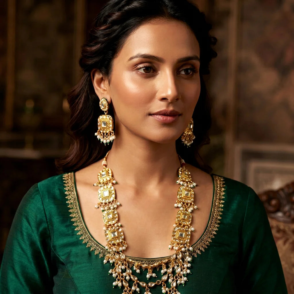 Royal Heritage Kundan Long Necklace Set Gold Plated Asscher Cut Traditional Wedding Party Premium Jewelry for Women Jewelery Set