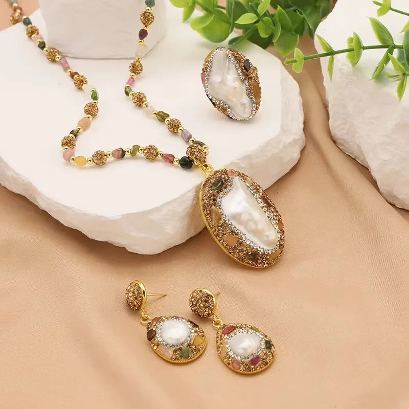 GLSEEVO Natural Baroque Shaped Pearl Women Jewelry Necklace Bracelet Earring Ring Luxury  Women'S Sets for Women Set Gifts