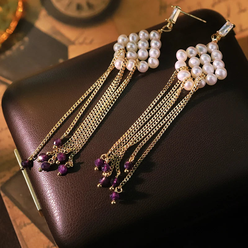 Rhombus Natural Freshwater Pearl Tassel Earrings 18k Gold Plated Design High Quality Earrings Banquet Wife Women Jewelry GE1576