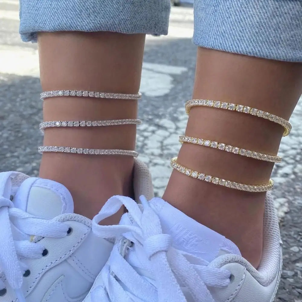 3mm Micro Pave CZ Iced Out Bling Tennis Chain Anklet Trendy Summer Girl Women Leg Chains with Zircon for Gift