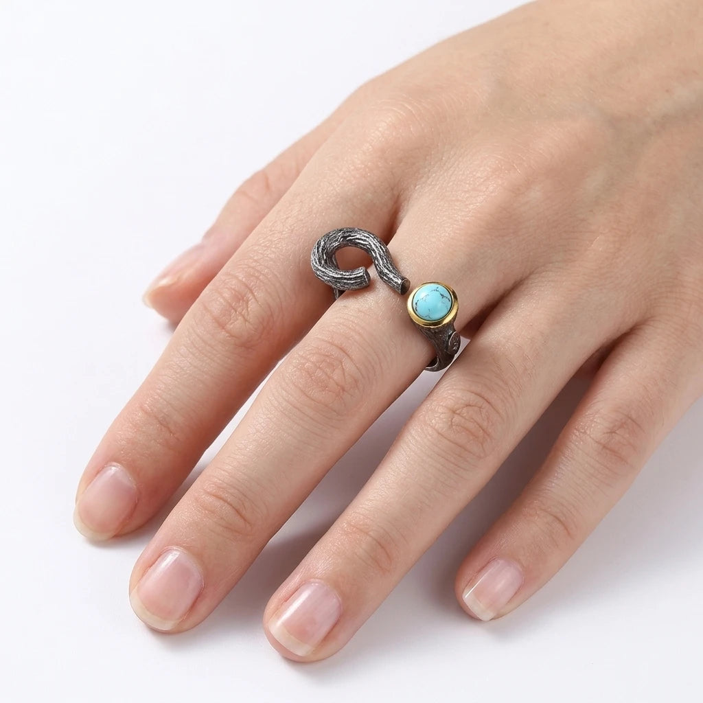 Natural Turquoise Bark Grain 925 Sterling Silver Ring with Gold Plated
