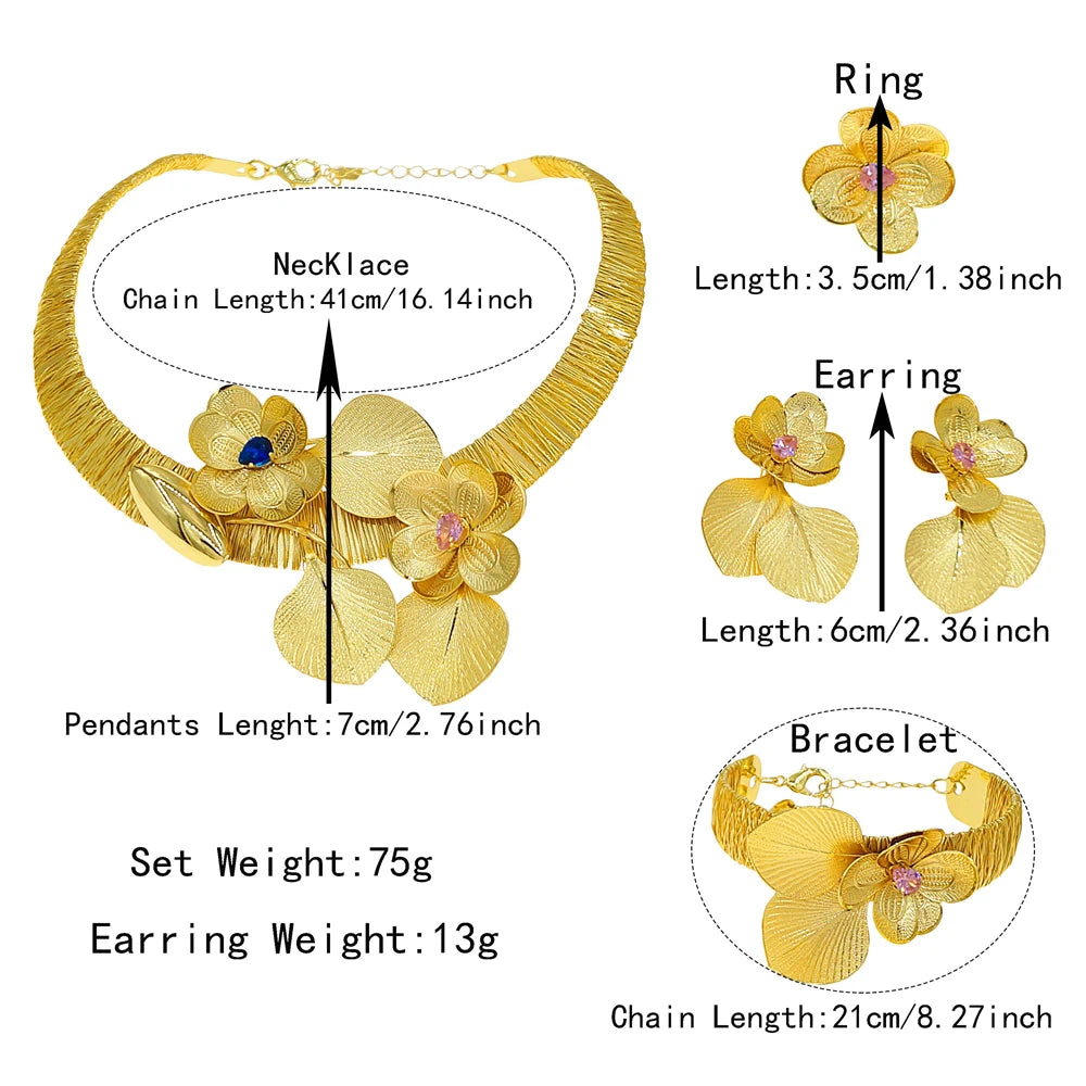 Brazilian Gold Flower Fashion Jewelry Set Italian Jewelry Set Nigerian Woman Wedding Necklace Bracelet Earrings Ring Jewelry