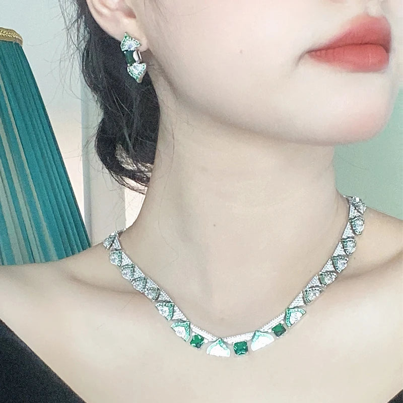 High-grade Jewelry Manufacturer Green High-end Dress Suit Brass Plated Women's Clavicle Chain Dinner Set Earrings Jewelry