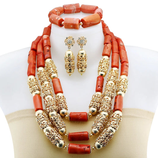 Zhuerrui High-end Red Coral Beaded Jewelry Nigerian Bridal Necklace Set Suitable for Weddings and Cultural celebrations YL3120