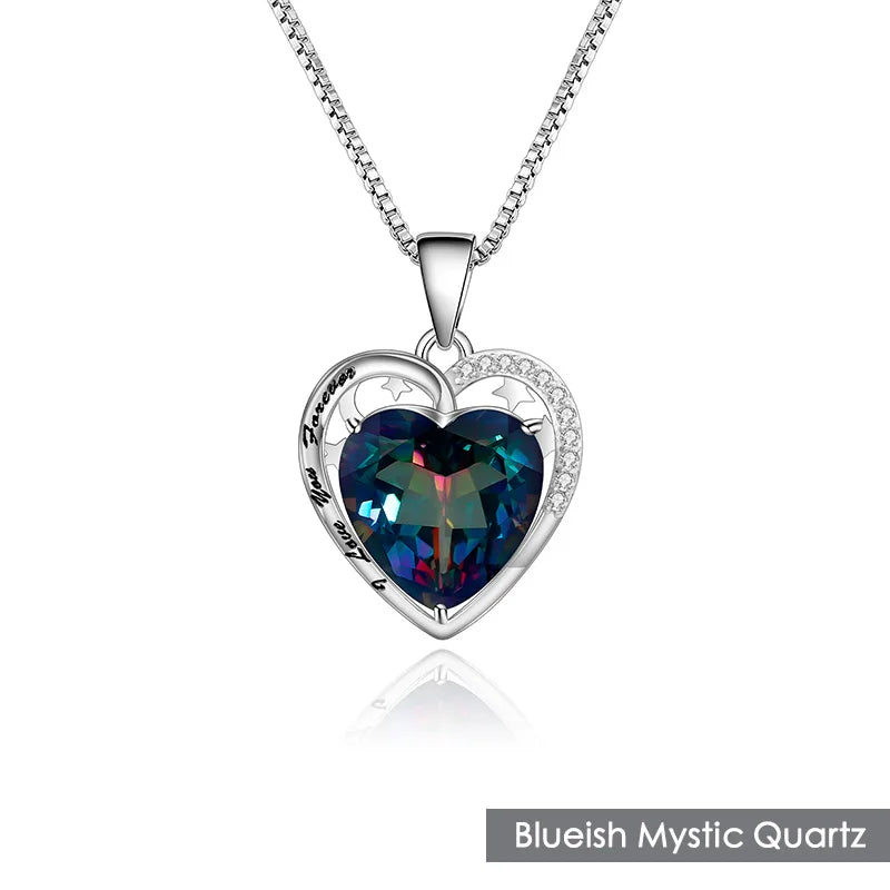 ArtistA Abiding Personality Engraved Romantic 925 Sterling Silver Heart Cut Rainbow Bluish Lolite Mystic Quartz Pendant Necklaces
