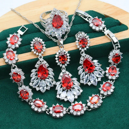 Classic Dubai Set for Women Red White Zircon Silver Color Alloy Bracelet Earrings Necklace Pendant Ring for Wedding Parties